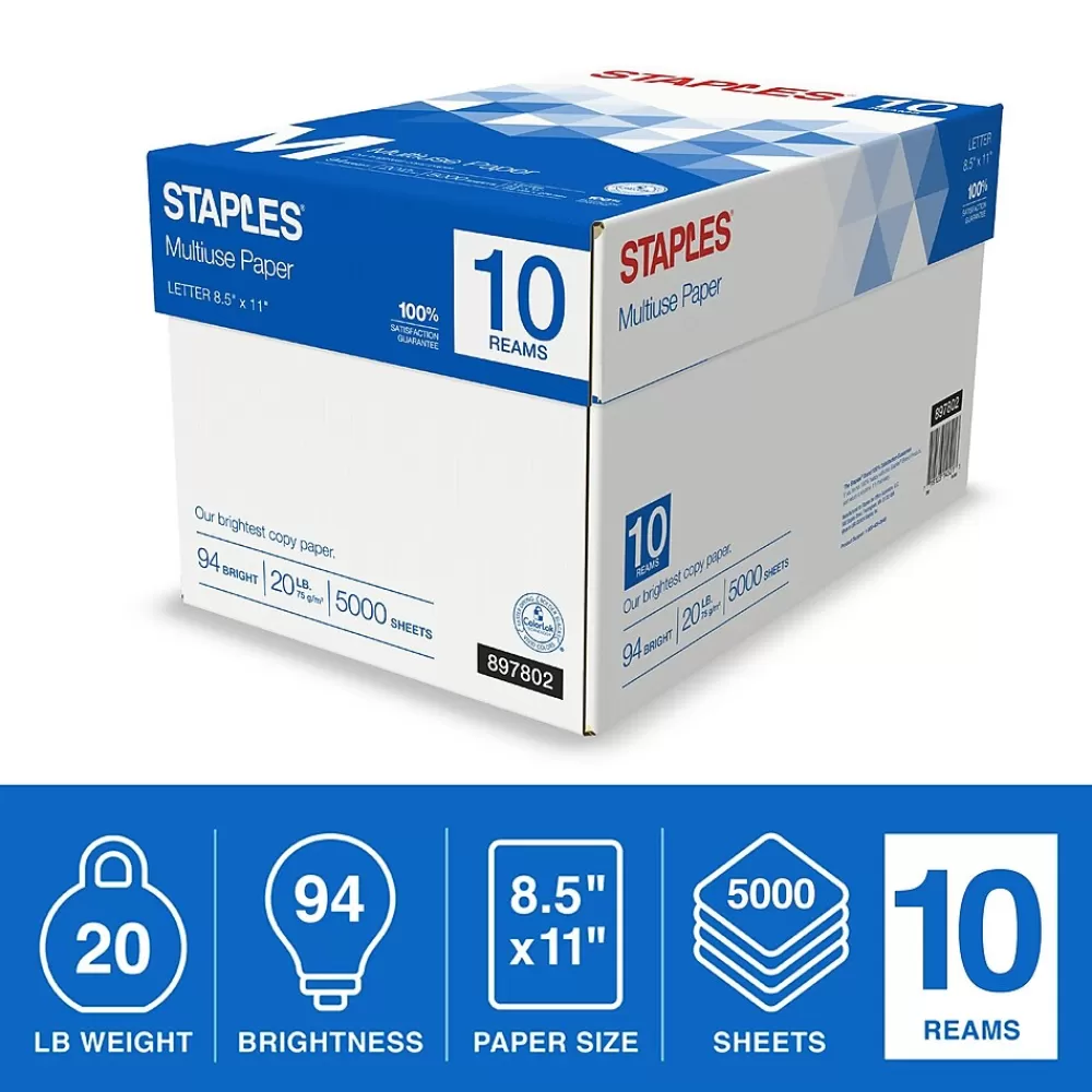 Staples Multiuse Copy Paper, 8.5" x 11", 20 lbs., 94 Brightness, 500 Sheets/Ream, 10 Reams/Carton (20472) Best Sale