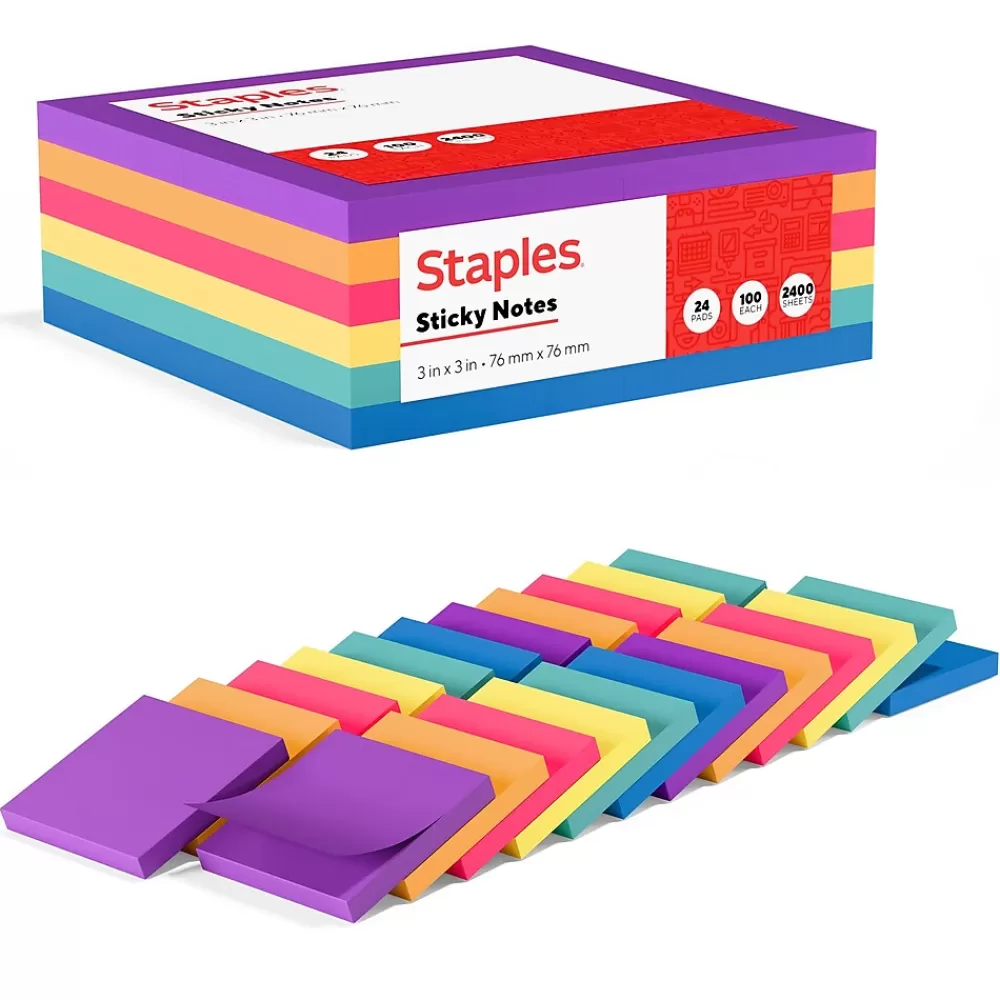 Staples Notes, 3" x 3", Sorbet Collection, 100 Sheet/Pad, 24 Pads/Pack (S-33BO24) New