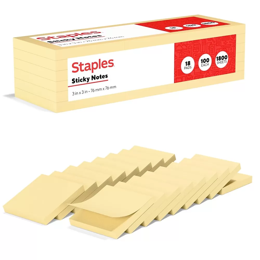 Staples Recycled Notes, 3" x 3", Sunshine Collection, 100 Sheet/Pad, 18 Pads/Pack (S-33YR18/52569) Outlet