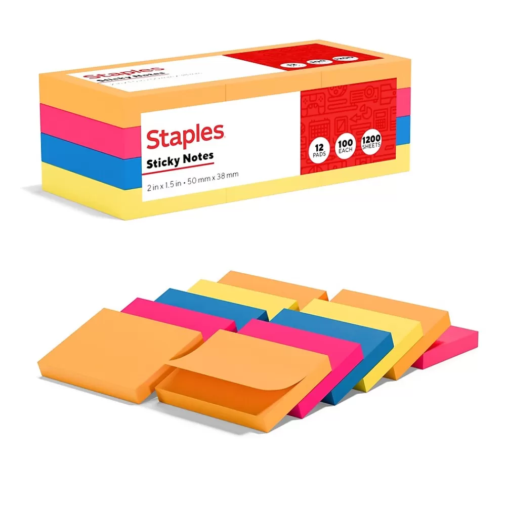 Staples Stickies 1 1/2" x 2" Bright Notes, 12 Pads/Pack (S-152BR12/52556) Discount