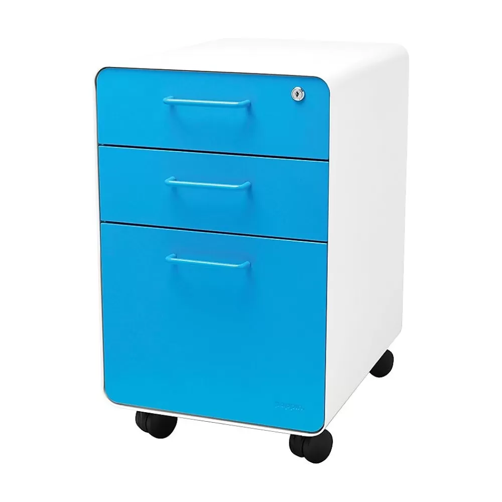 Poppin Stow 3-Drawer File Cabinet wCasters, White + Pool Blue Online