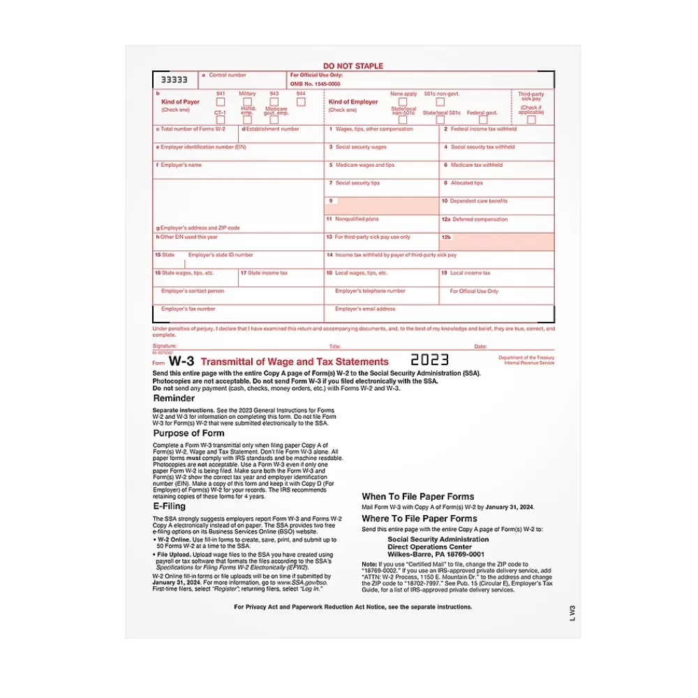 TOPS 2024 W-3 Tax Form, 1-Part, 25 Forms/Pack (LW325) Clearance