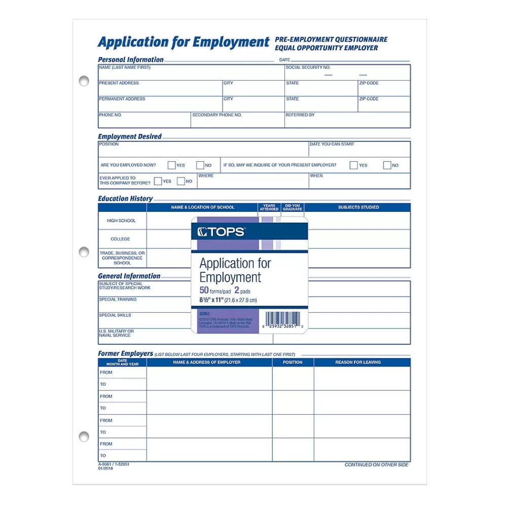 TOPS ® Application for Employment, 2-Sided, 8-1/2 x 11", 50 Sheets/Pad, 2 Pads/Box (32851) Store