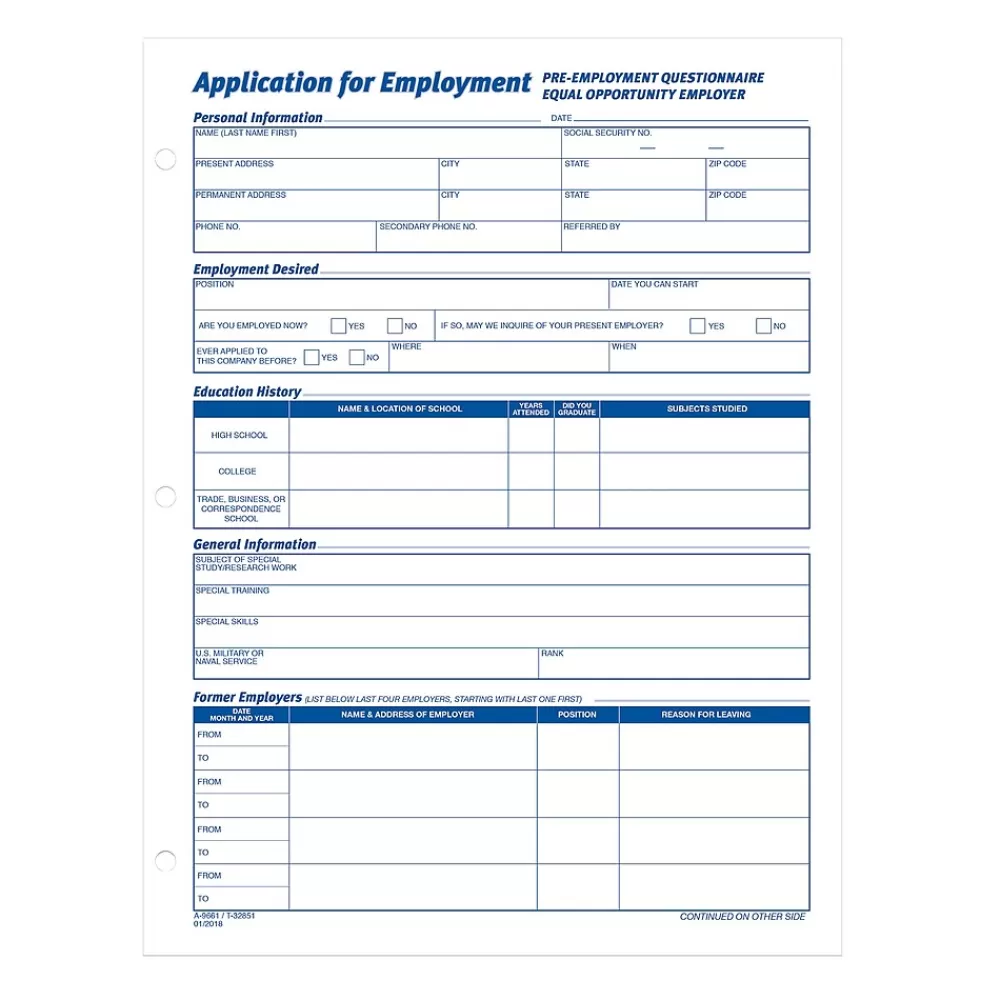 TOPS ® Application for Employment, 2-Sided, 8-1/2 x 11", 50 Sheets/Pad, 2 Pads/Box (32851) Store