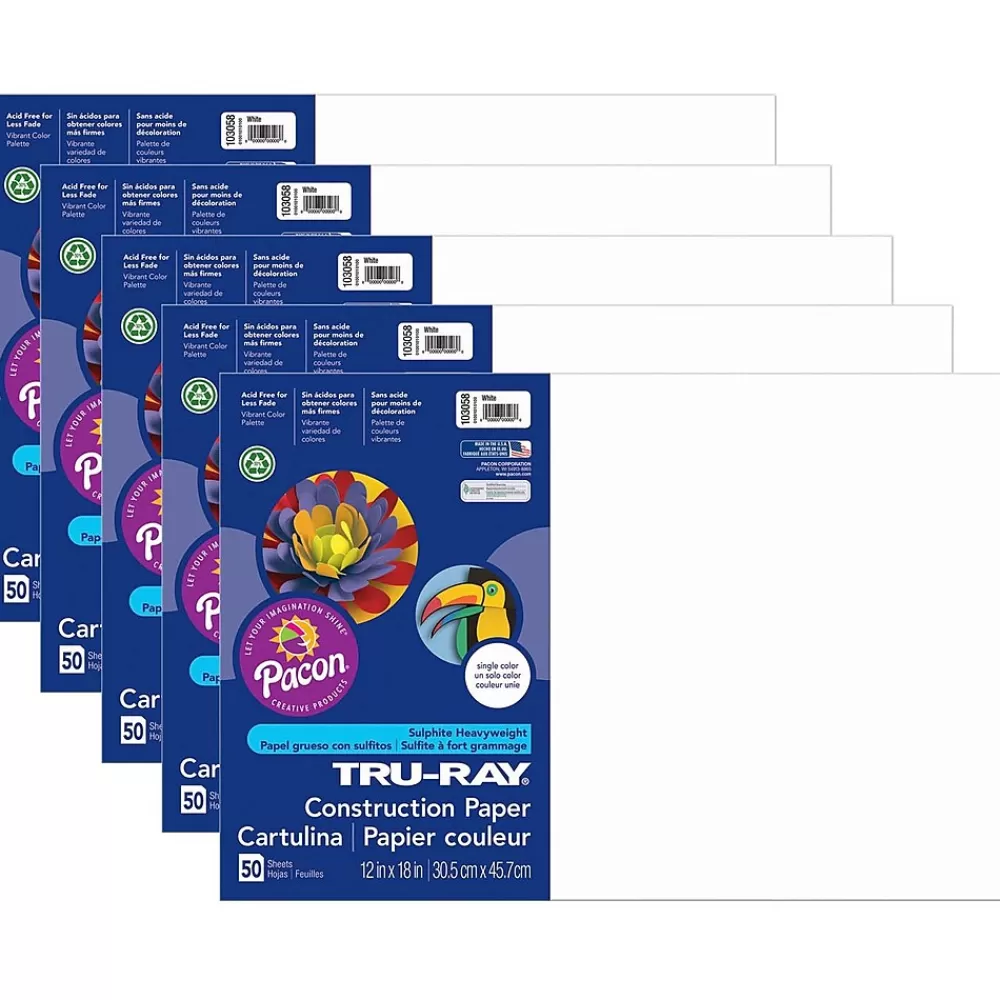 Tru-Ray 12" x 18" Construction Paper, White, 50 Sheets/Pack, 5 Packs/Bundle (PAC103058-5) Clearance