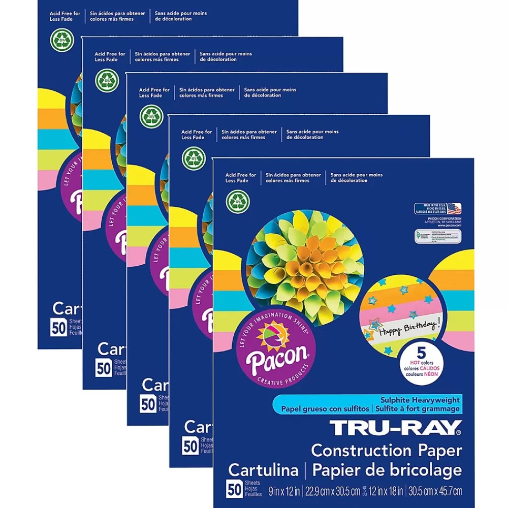 Pacon Tru-Ray® Construction Paper, 5 Assorted Hot Colors, 9" x 12", 50 Sheets Per Pack, 5 Packs (PAC6596-5) Flash Sale