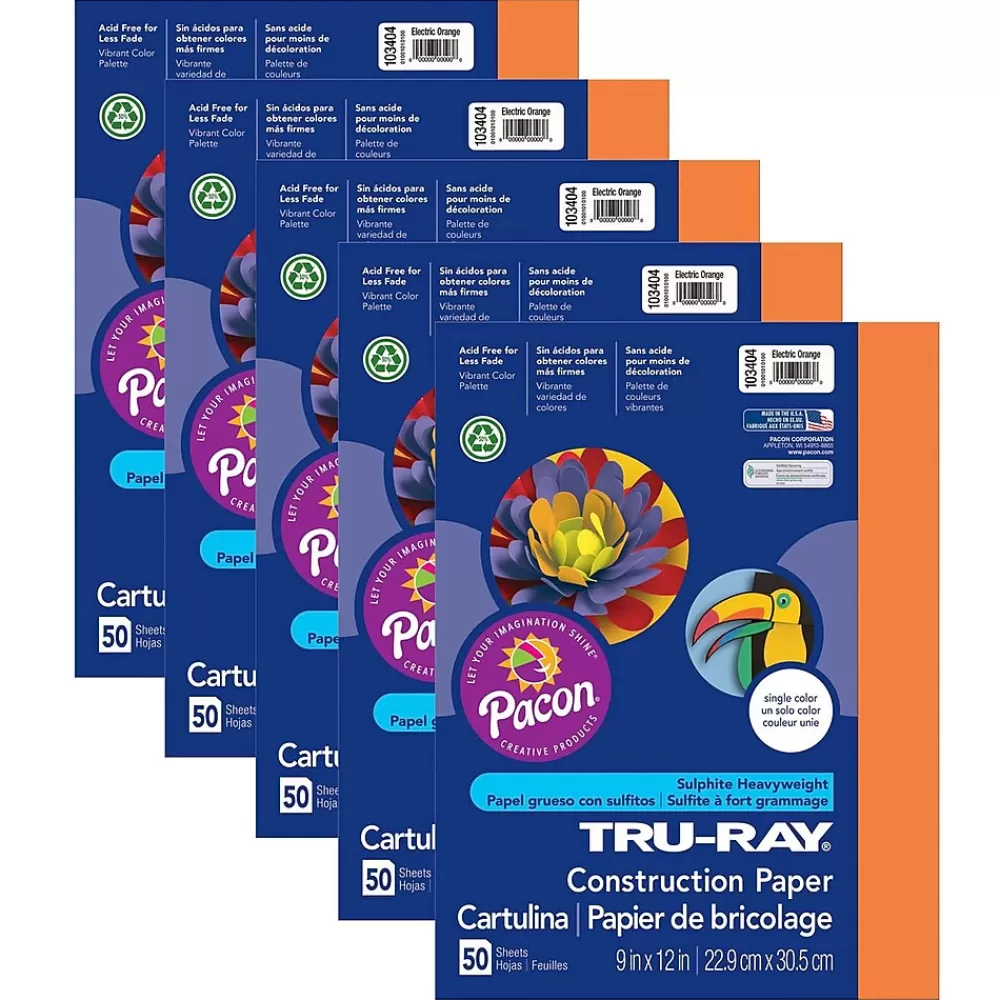 Pacon Tru-Ray® Construction Paper, Electric Orange, 9" x 12", 50 Sheets Per Pack, 5 Packs (PAC103404-5) Outlet