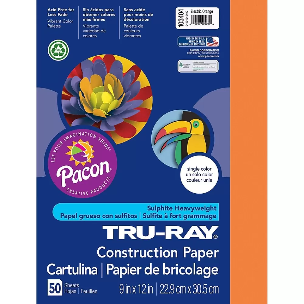Pacon Tru-Ray® Construction Paper, Electric Orange, 9" x 12", 50 Sheets Per Pack, 5 Packs (PAC103404-5) Outlet