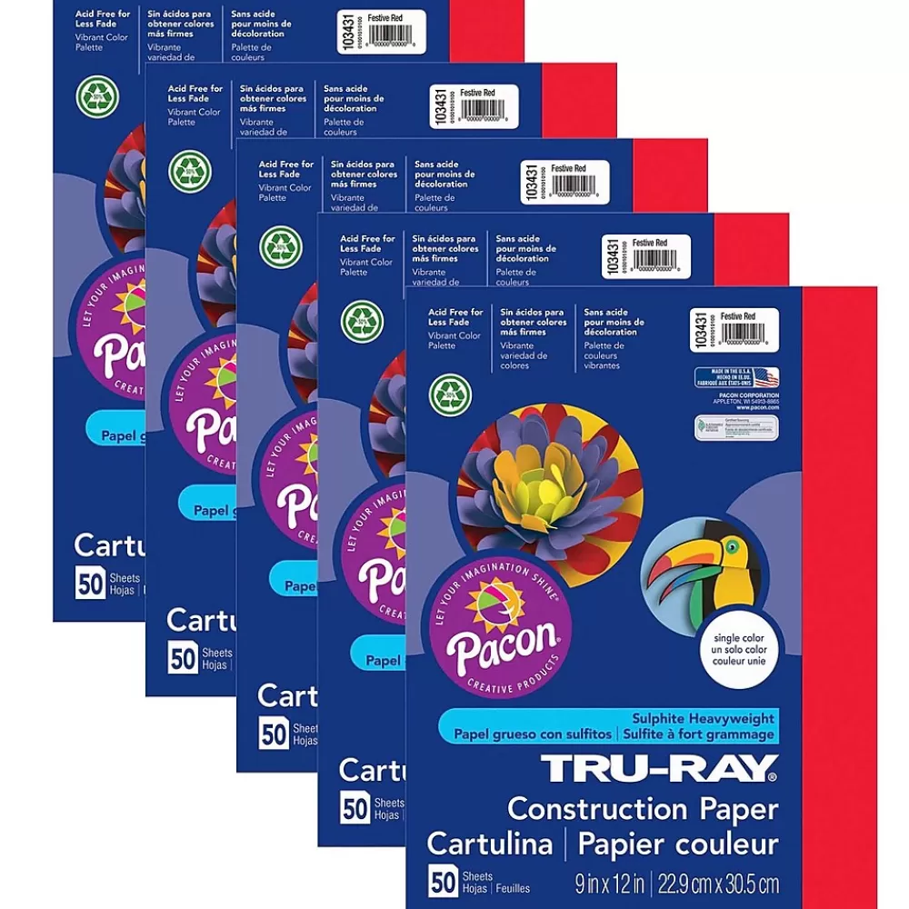 Pacon Tru-Ray® Construction Paper, Festive Red, 9" x 12", 50 Sheets Per Pack, 5 Packs (PAC103431-5) Best