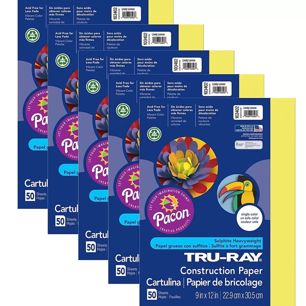 Pacon Tru-Ray® Construction Paper, Lively Lemon, 9" x 12", 50 Sheets Per Pack, 5 Packs (PAC103402-5) Fashion