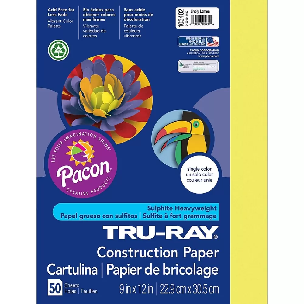 Pacon Tru-Ray® Construction Paper, Lively Lemon, 9" x 12", 50 Sheets Per Pack, 5 Packs (PAC103402-5) Fashion